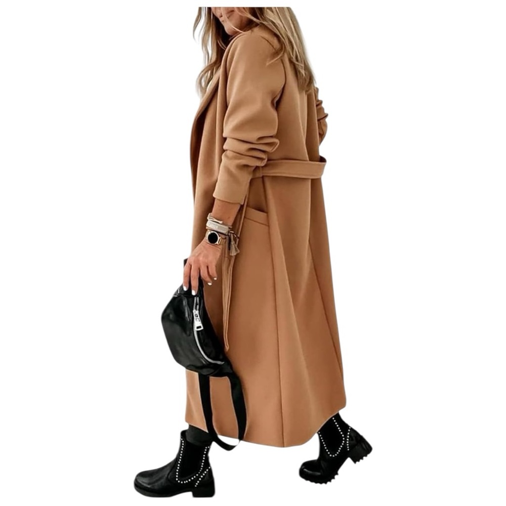 Tankaneo Camel Belted Long Coat Size XL Open Front Lapel Brand New - Picture 6 of 10